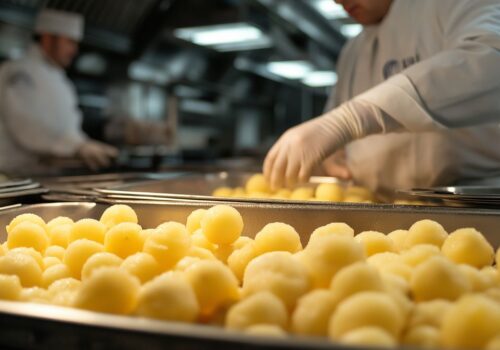 Fresh prepped potatoes for restaurants in a stainless kitchen