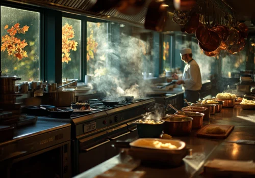 Chef in a professional restaurant kitchen preparing hearty fall comfort food with pre-peeled potatoes, warm lighting, steam rising from pots, autumn leaves visible outside.