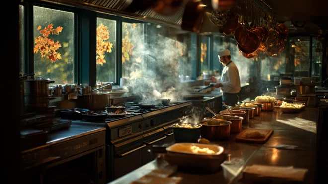 Chef in a professional restaurant kitchen preparing hearty fall comfort food with pre-peeled potatoes, warm lighting, steam rising from pots, autumn leaves visible outside.